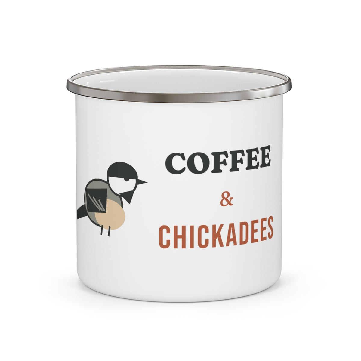 Coffee & Chickadees Enamel Camping Mug 12oz - Bird Watcher Gift